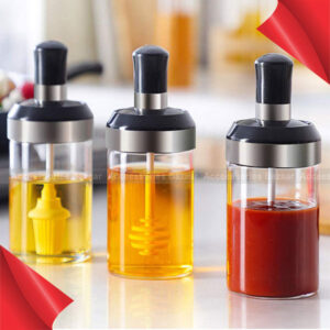 3pcs Glass Spice Jars with Spoon with Spoon, Oil Brush, Honey Stick