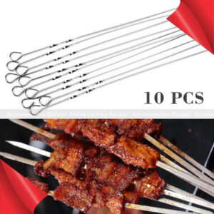 10pcs Stainless Steel BBQ Utensil Skewers Barbecue Flat Needle Kabob Sticks