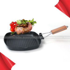 24 Cm Non-sticky Frying Pan with Wooden Folding Portable Square Grill Pan