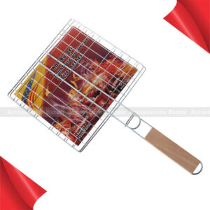 Medium Size BBQ Grill Net Roast Grilling Tray Chromium Plated with Wooden Handle