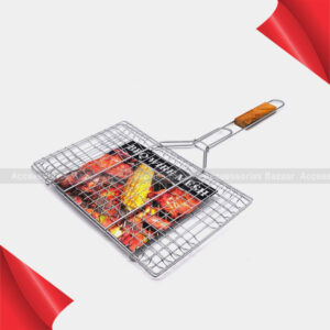 Large Size BBQ Grill Net Roast Grilling Tray Chromium Plated with Wooden Handle