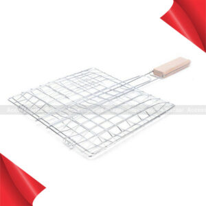Small Size Barbecue BBQ Grill Net Basket Roast Grilling Tray Chromium Plated with Wooden Handle
