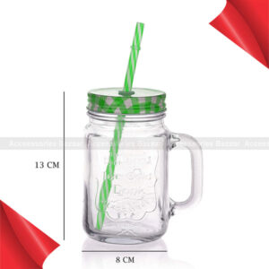 Glass Mason Jars with Handle and Straw, 450ml Green Colour