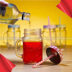 Glass Mason Jars with Handle and Straw, 450ml Pink Colour