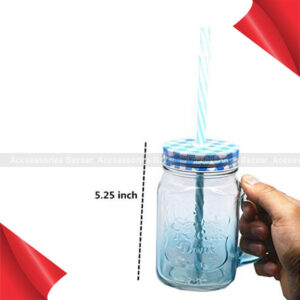 Glass Mason Jars with Handle and Straw, 450ml Blue Colour