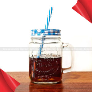 Glass Mason Jars with Handle and Straw, 450ml Blue Colour