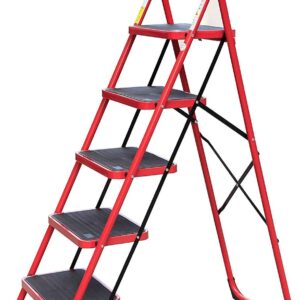 5 Step House Steel Ladder Multi-function Staircase Red Color With Wide Pedal Step