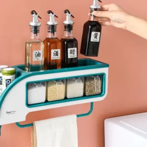 Multi-Grid Seasoning Box With Spoon Wall Mounted – Kitchen Storage Rack Seasoning Jars and Bottles Storage Rack
