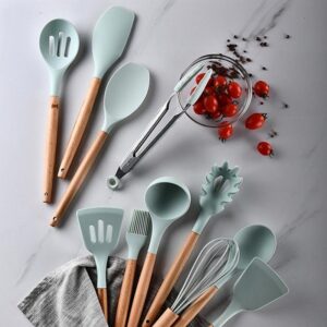 12PCS Silicone Cooking Utensils Set Non-stick Spatula Shovel Wooden Handle Cooking Tools Set With Storage Box Kitchen Tools