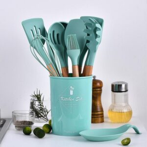 12PCS Silicone Cooking Utensils Set Non-stick Spatula Shovel Wooden Handle Cooking Tools Set With Storage Box Kitchen Tools