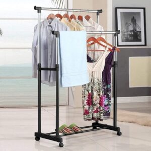 Double Pole Portable Clothes Rack Foldable Garments Hanging Stand Adjustable Laundry Drying Rack Hanger, Storage Rack with Wheels