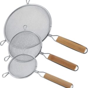 Set of 3 Premium Quality-Double Mesh Extra Fine Stainless Steel Strainers with Comfortable Wooden Handles