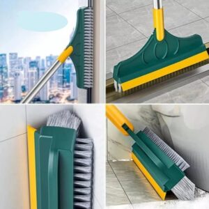 3 in 1 Floor Scrub Brush with Long Handle,Bathroom Kitchen Crevice Cleaning Brush with Squeegee for Cleaning Wall Deck Tile,V-Shaped Brush Scrubber