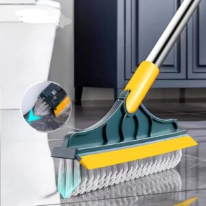 2 in 1 Floor Scrub Brush with Squeegee, Floor Brush Scrubber with Long Handle, Premium Rotating Bathroom Kitchen Crevice Cleaning Brush, 120 Degree Triangular Rotating Brush Head